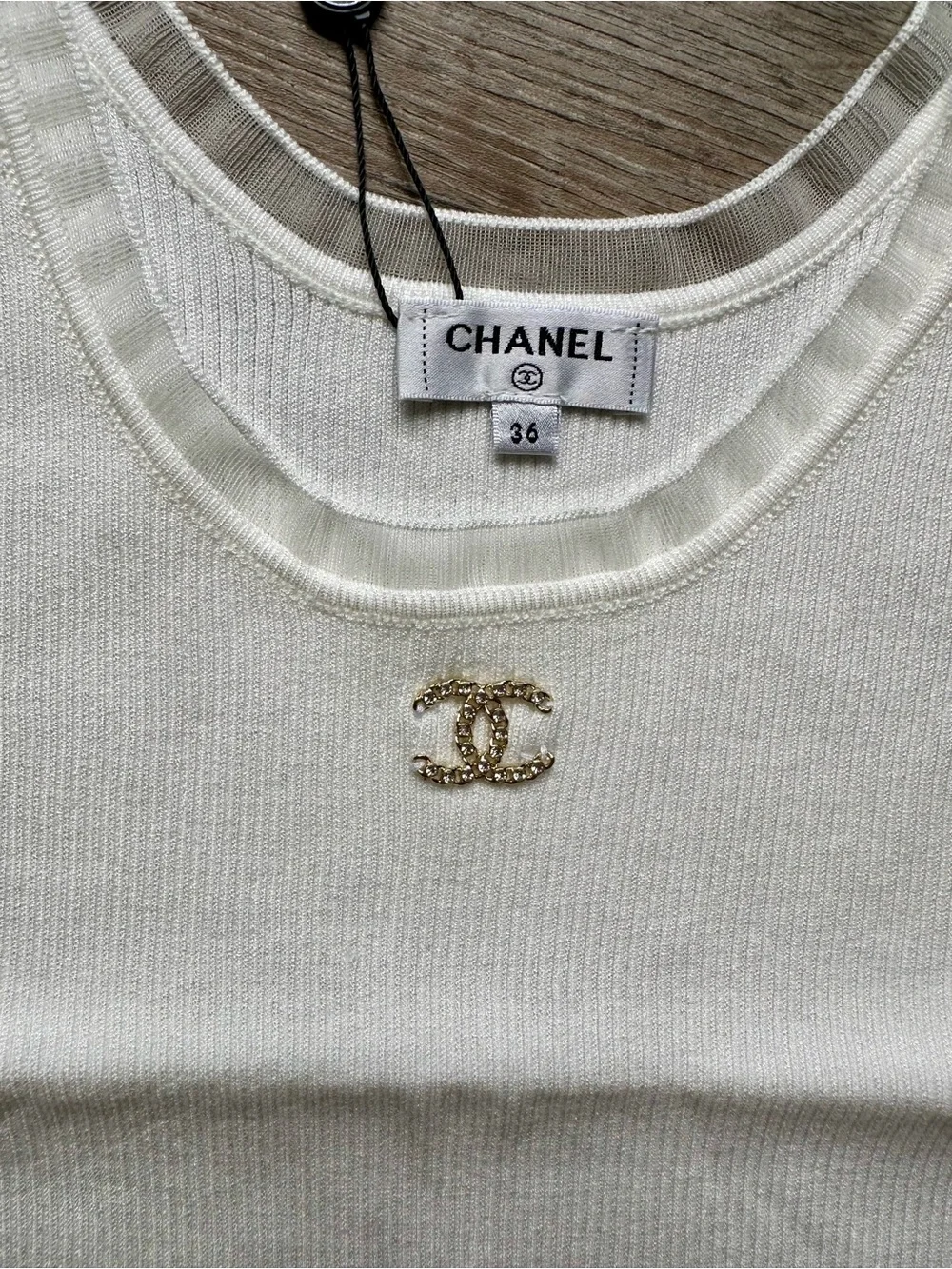 CHANEL Ivory Knit Tank Top with Gold CC Emblem